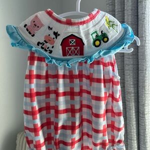 Farm-Themed Baby Dress with Red and Blue Plaid